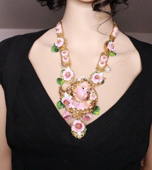 SOLD!7723 Baroque Vivid Chubby Cherub Roses Pink Large Pendant Necklace - Image 8