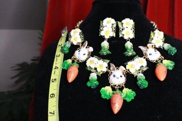 SOLD! 7724 Set Of Art Nouveau Enamel Bunnies Rabbits Carrot Necklace+ Earrings - Image 7