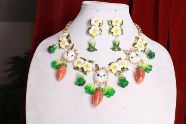 SOLD! 7724 Set Of Art Nouveau Enamel Bunnies Rabbits Carrot Necklace+ Earrings - Image 2