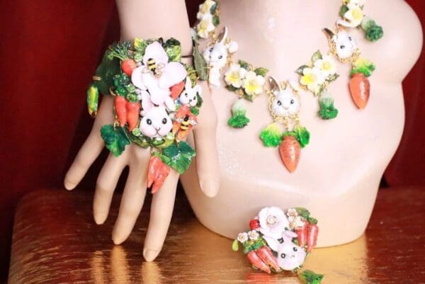 SOLD! 7724 Set Of Art Nouveau Enamel Bunnies Rabbits Carrot Necklace+ Earrings - Image 6