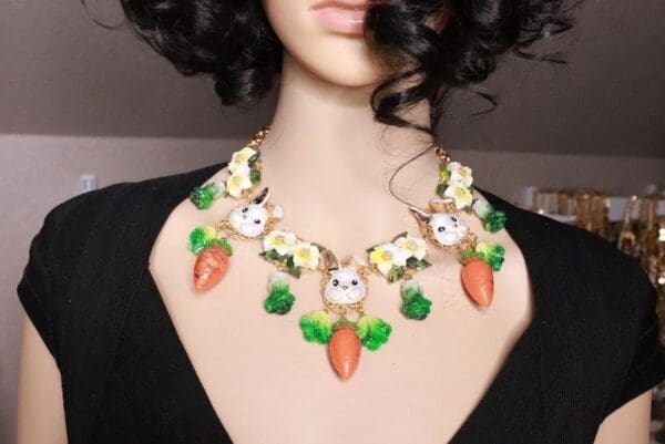 SOLD! 7724 Set Of Art Nouveau Enamel Bunnies Rabbits Carrot Necklace+ Earrings - Image 3