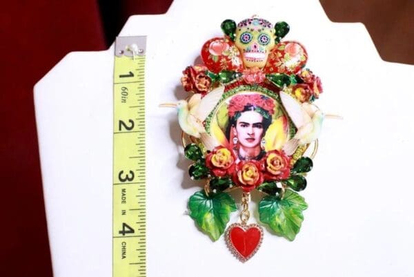 SOLD! 7727 Frida Kahlo Palette Hand Painted Birds Sacred Heart Huge Brooch - Image 7