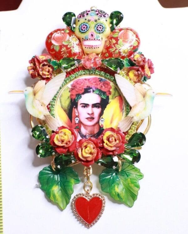 SOLD! 7727 Frida Kahlo Palette Hand Painted Birds Sacred Heart Huge Brooch