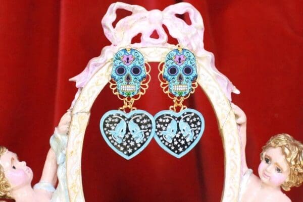 SOLD! 7730 Goth Blue Scull Enamel Earrings - Image 2