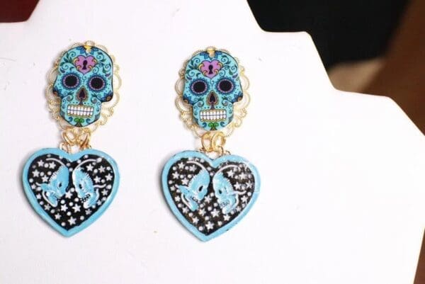 SOLD! 7730 Goth Blue Scull Enamel Earrings - Image 5