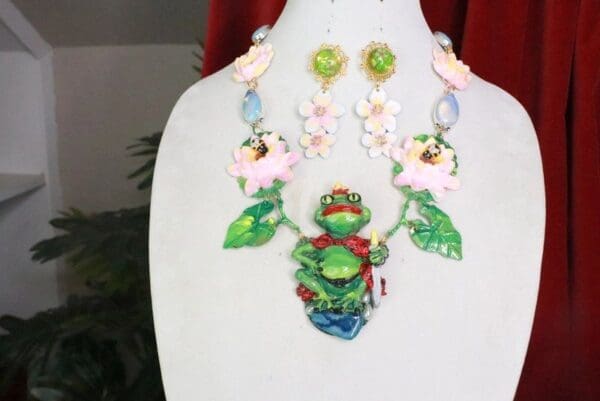 SOLD! 7734 Set Of The Prince Frog Dreaming Adorable Water Lily Necklace+ Earrings - Image 2