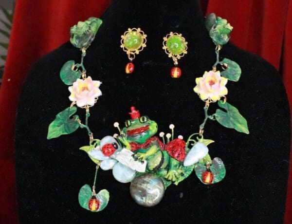 SOLD! 7735 Set Of The Prince Frog Dreaming Adorable Water Lily Necklace+ Earrings - Image 2