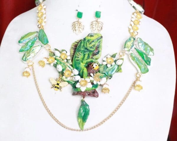 SOLD! 7737 Set Of Genuine Druzy Hand Painted Vivid Iguana Necklace+ Earrings