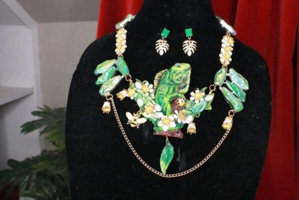 SOLD! 7737 Set Of Genuine Druzy Hand Painted Vivid Iguana Necklace+ Earrings - Image 2
