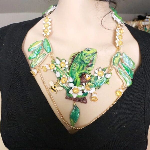 SOLD! 7737 Set Of Genuine Druzy Hand Painted Vivid Iguana Necklace+ Earrings - Image 9