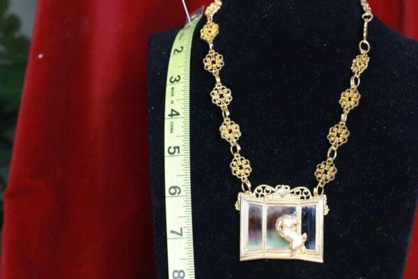 SOLD! 7742 Baroque Gold Tone Metal Puppy In A Mirror Necklace - Image 3