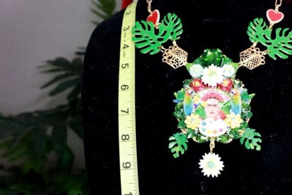 SOLD! 7743 Frida Kahlo Tropical Leaf Parrots Hand Painted Necklace - Image 6