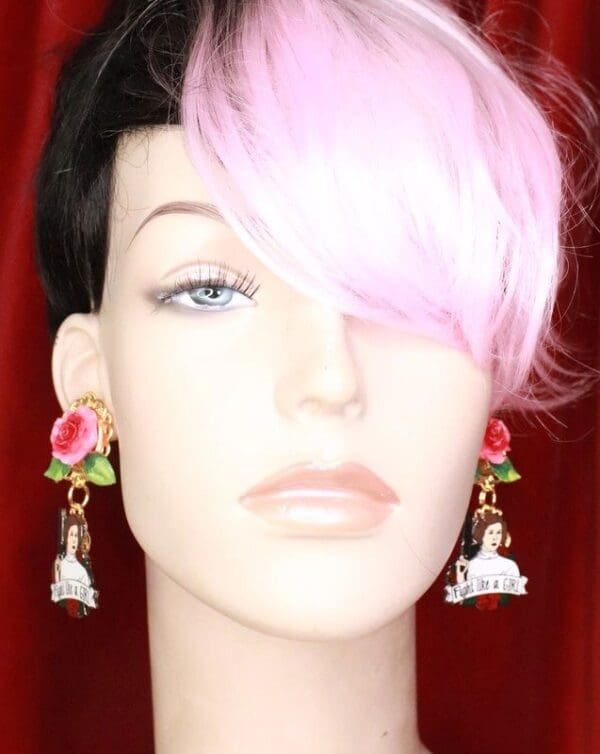 SOLD! 7746 Enamel Fight Like A Girl Earrings Studs - Image 4