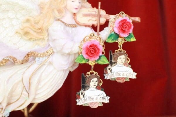 SOLD! 7746 Enamel Fight Like A Girl Earrings Studs - Image 6