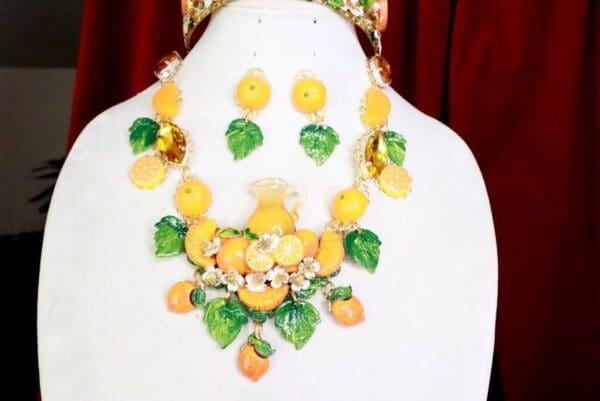 SOLD! 7748 Set Of Sicilian Orange Fruit Pod Necklace+ Earrings - Image 5