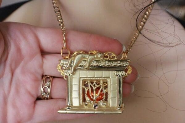 SOLD! 7749 Enamel Elegant Gold Tone Fireplace With A Cat Pendant