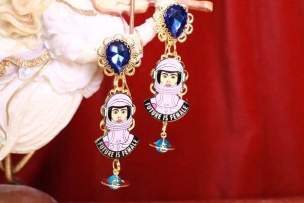 SOLD! 7754 Enamel The Future Is Female Earrings Studs - Image 5