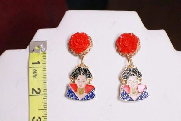 SOLD! 7761 Enamel Bjork Singer Rose Earrings Studs - Image 4