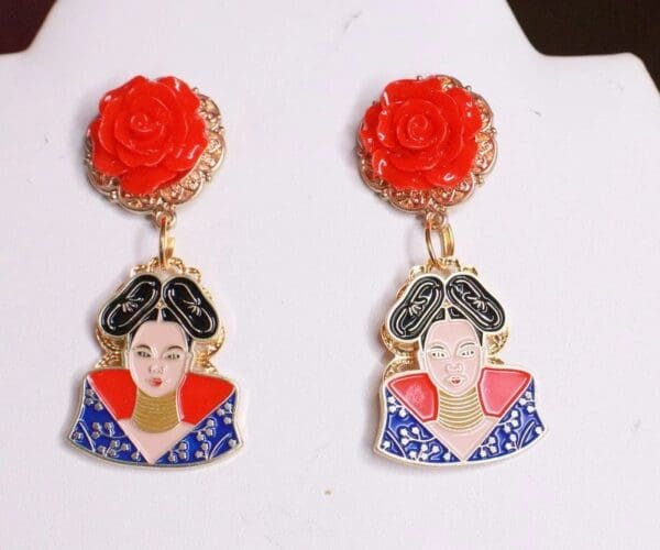 SOLD! 7761 Enamel Bjork Singer Rose Earrings Studs - Image 5