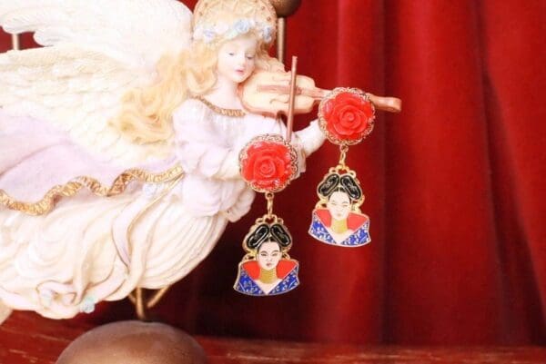 SOLD! 7761 Enamel Bjork Singer Rose Earrings Studs - Image 6