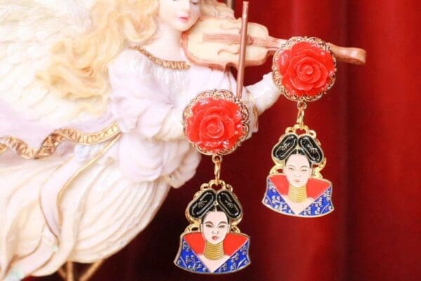 SOLD! 7761 Enamel Bjork Singer Rose Earrings Studs