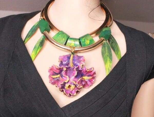 SOLD! 7779 Hand Painted Art Nouveau Iris 3D Effect Unusual Necklace