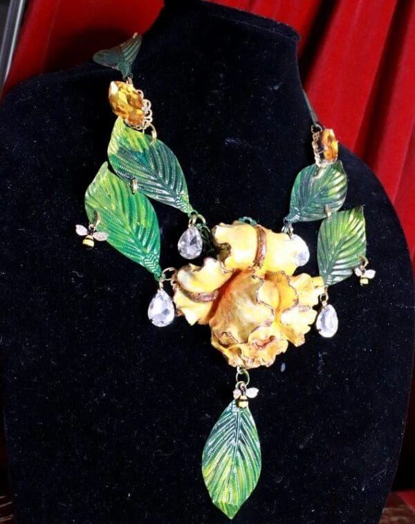 SOLD! 7780 Hand Painted Art Nouveau Iris 3D Effect Yellow Unusual Necklace - Image 3