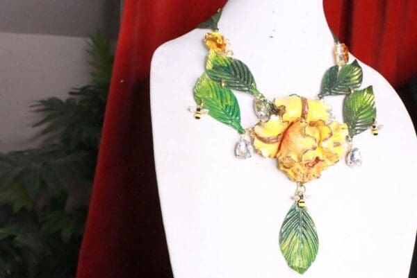 SOLD! 7780 Hand Painted Art Nouveau Iris 3D Effect Yellow Unusual Necklace - Image 5