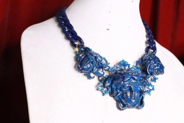SOLD! 7781 Baroque Mythological Blue Malachite 3 Heads Hand Painted Necklace - Image 2
