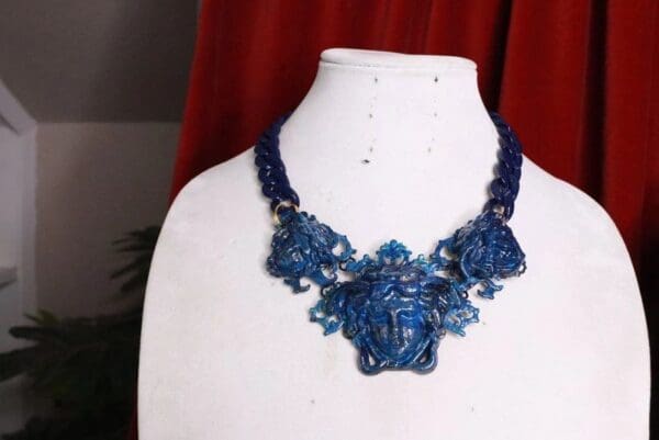 SOLD! 7781 Baroque Mythological Blue Malachite 3 Heads Hand Painted Necklace - Image 3