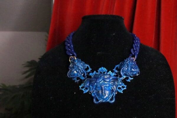 SOLD! 7781 Baroque Mythological Blue Malachite 3 Heads Hand Painted Necklace - Image 6