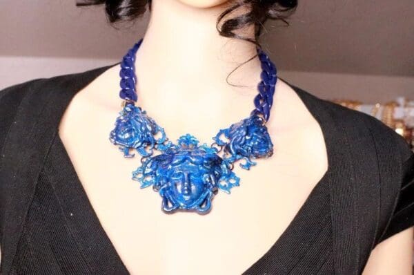 SOLD! 7781 Baroque Mythological Blue Malachite 3 Heads Hand Painted Necklace - Image 10