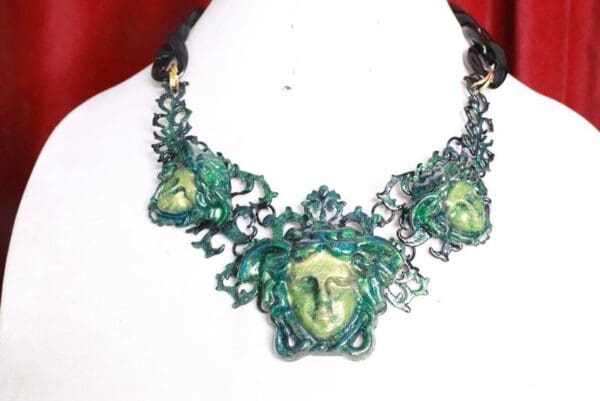 SOLD! 7782 Baroque Mythological Green Malachite 3 Heads Hand Painted Necklace - Image 2