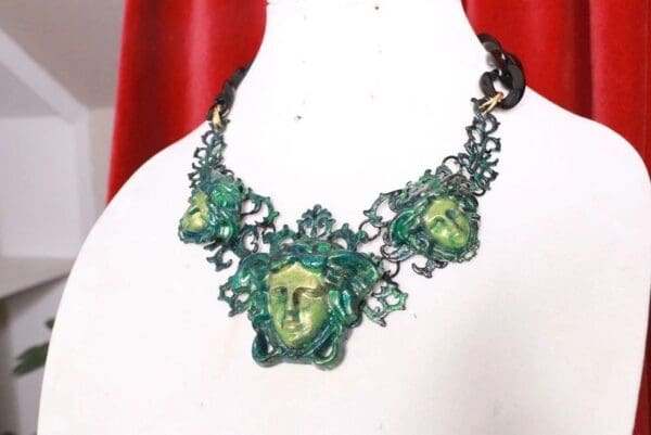 SOLD! 7782 Baroque Mythological Green Malachite 3 Heads Hand Painted Necklace - Image 4