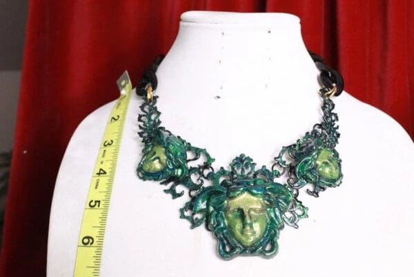 SOLD! 7782 Baroque Mythological Green Malachite 3 Heads Hand Painted Necklace - Image 5