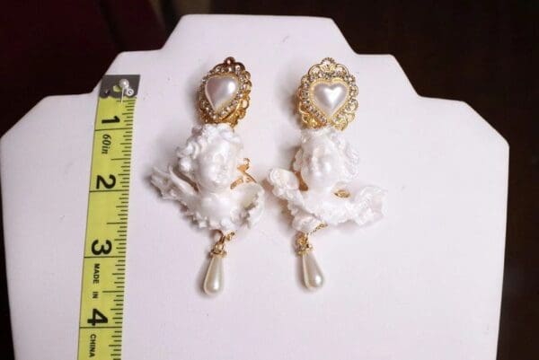 SOLD! 7787 Small Baroque Pearlish Bridal Pearl Heart Chubby Cherubs Angels Earrings - Image 6