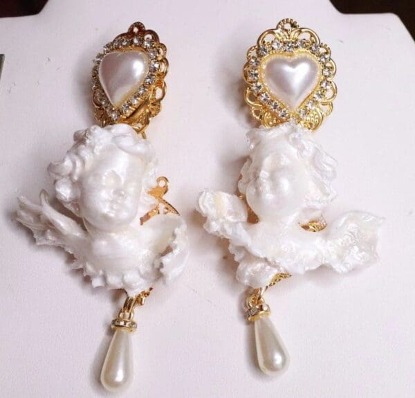 SOLD! 7787 Small Baroque Pearlish Bridal Pearl Heart Chubby Cherubs Angels Earrings - Image 7