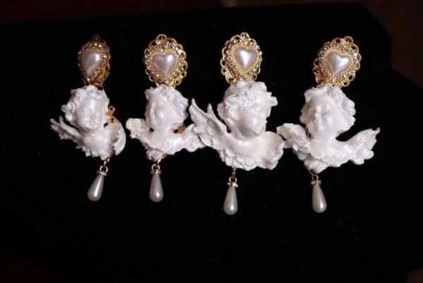 SOLD! 7788 Large Baroque Pearlish Bridal Pearl Heart Chubby Cherubs Angels Earrings - Image 7