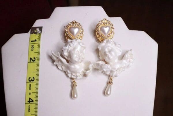 SOLD! 7788 Large Baroque Pearlish Bridal Pearl Heart Chubby Cherubs Angels Earrings - Image 8