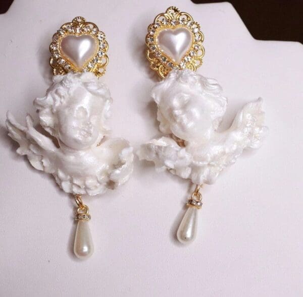 SOLD! 7788 Large Baroque Pearlish Bridal Pearl Heart Chubby Cherubs Angels Earrings