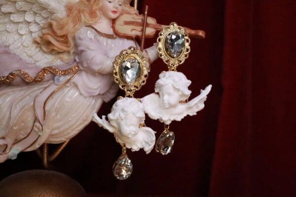 SOLD! 7791 Small Baroque White Bridal Chubby Cherubs Angels Clear Rhinestones Earrings