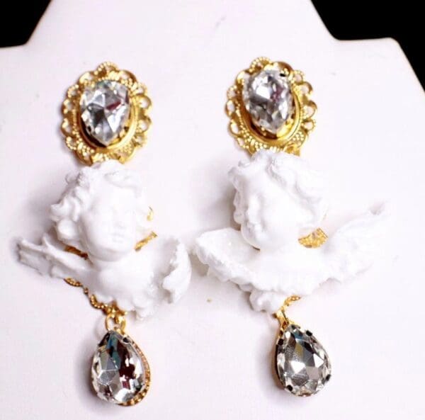 SOLD! 7791 Small Baroque White Bridal Chubby Cherubs Angels Clear Rhinestones Earrings - Image 5
