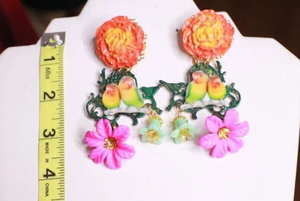 SOLD! 7793 Art Nouveau Love Birds Parrots Bright Cage Unusual Earrings - Image 6