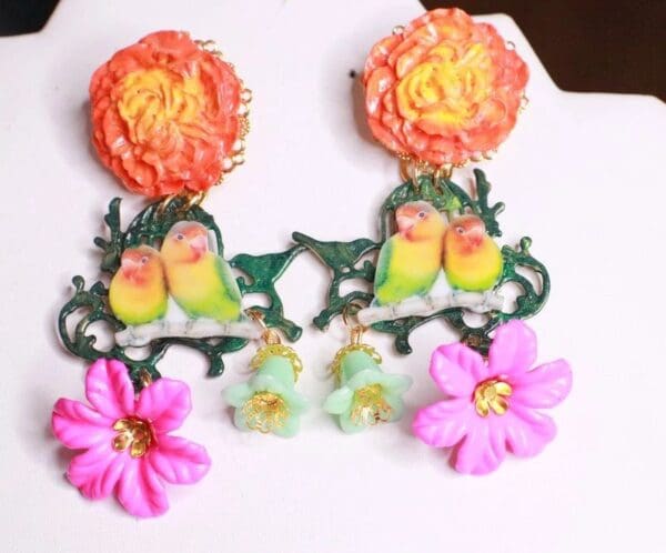 SOLD! 7793 Art Nouveau Love Birds Parrots Bright Cage Unusual Earrings