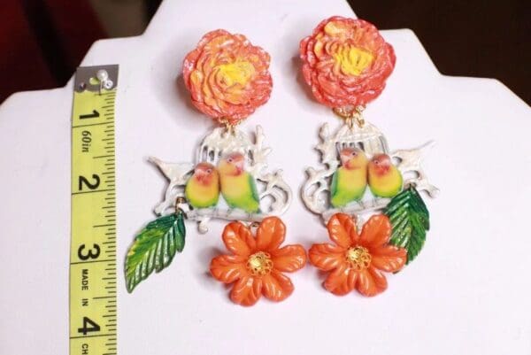 SOLD! 7794 Art Nouveau Love Birds Parrots Bright White Cage Unusual Earrings - Image 4