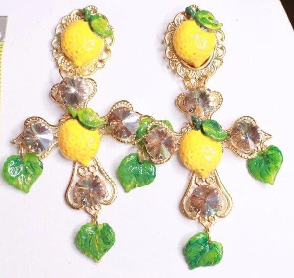 SOLD! 7799 Baroque Rhinestones Lemon Fruit Cross Earrings - Image 2