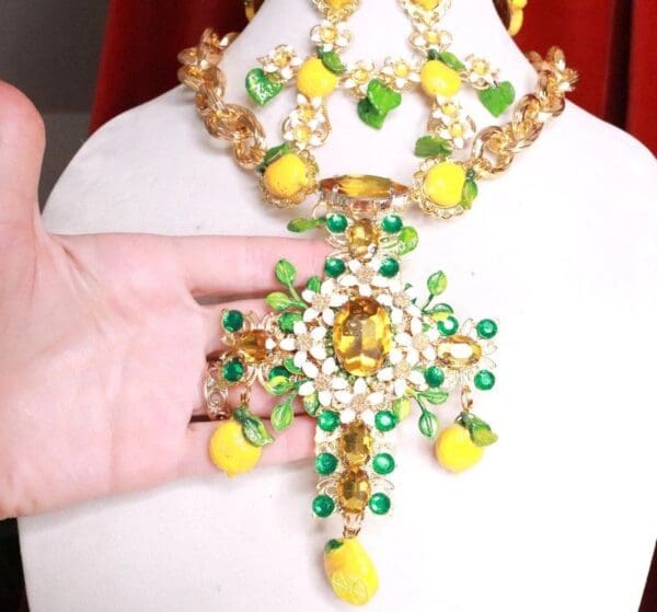 SOLD! 7801 Baroque Lemon Fruit Rhinestone Massive Cross Necklace