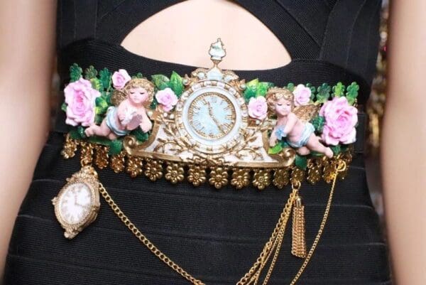 SOLD! 7802 Baroque Vintage Clock Cherubs ANgels Embellished Waist Gold Belt Size S, L, M