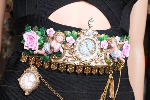 SOLD! 7802 Baroque Vintage Clock Cherubs ANgels Embellished Waist Gold Belt Size S, L, M - Image 9