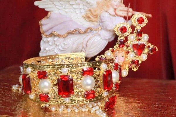 SOLD! 7815 Baroque Alta Moda Pearl Red Rhinestone Stunning Crown Headband - Image 5
